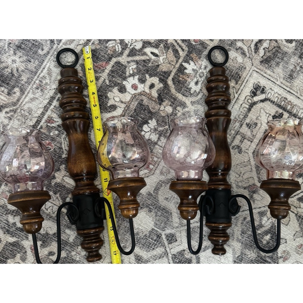 Vtg PAIR Home Interiors Homco ROD IRON & WOOD DOUBLE Wall SCONCE W/  Pink Glass